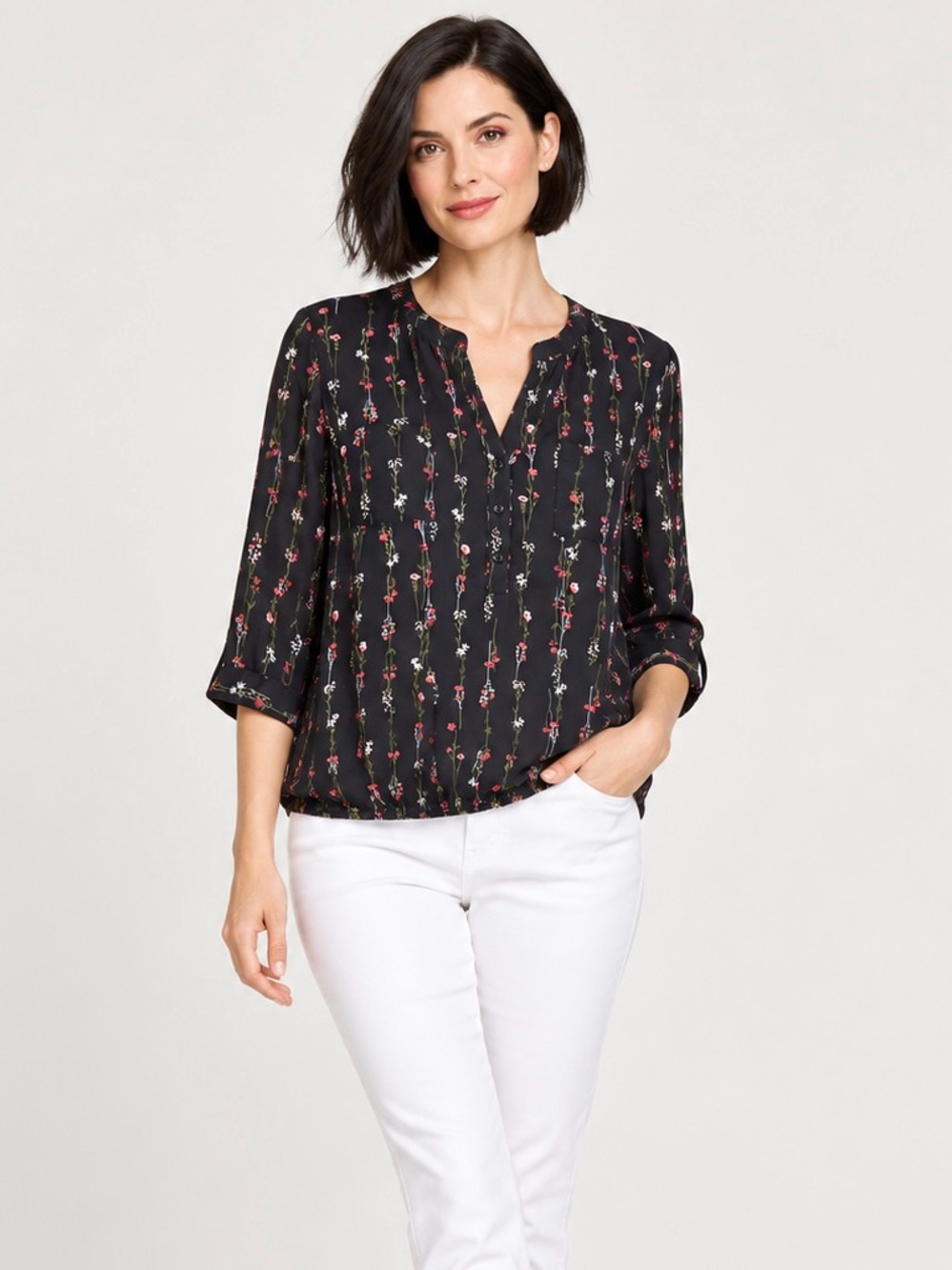 Soho Black Floral Henley Tunic with Red & White Blooms